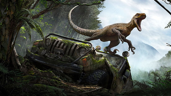artwork, Jeep, wreck, vehicle, dinosaurs, HD wallpaper HD wallpaper