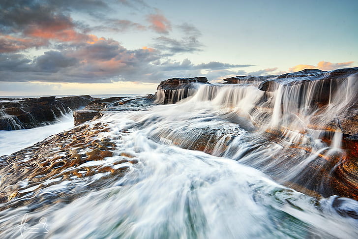 timelapse photography of waterfalls during daytime, Potter, Point, Wave, timelapse photography, waterfalls, daytime, nsw, new south wales, australia, botany bay national park, coast, coastline, water  waves, cascades, rocks, morning, sunrise, ocean, circular polarizer, lee  filters, nd, grad, neutral density, hard, sony, zeiss, 35mm, f4, OSS, waterfall, nature, river, water, scenics, landscape, beauty In Nature, HD wallpaper