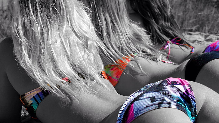 women's bikini selective color photo, ass, selective coloring, women, group of women, bikini, model, HD wallpaper