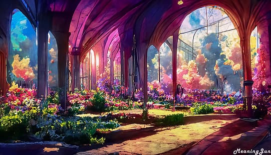 AI, AI-konst, Ai Dai, MeaningJun, trädgård, AI-målning, violett, lila blommor, Midjourney AI, HD tapet HD wallpaper