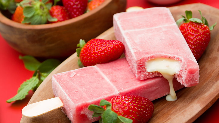 strawberry, dessert, frozen dessert, ice cream, cream, dairy product, HD wallpaper
