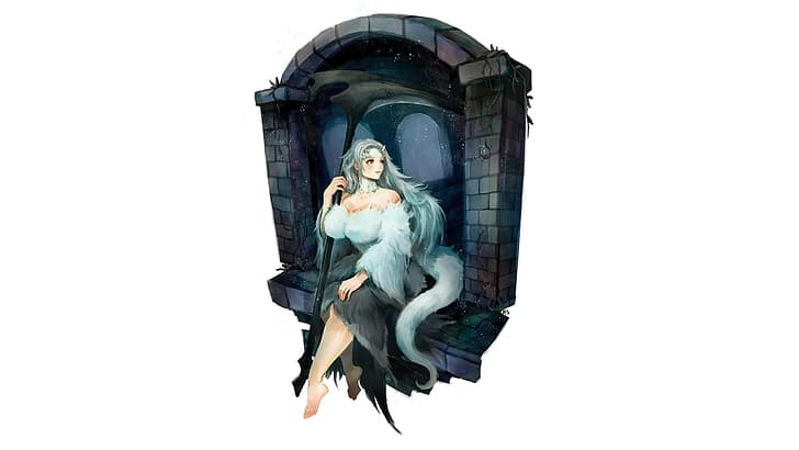 dress, Priscilla the Crossbreed (Dark Souls), scythe, white hair, Setz, Dark Souls, HD wallpaper