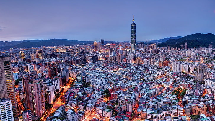 коричнево-белое здание живопись, город, городской пейзаж, небоскреб, Тайбэй 101, Тайбэй, Тайвань, уличный фонарь, HD обои