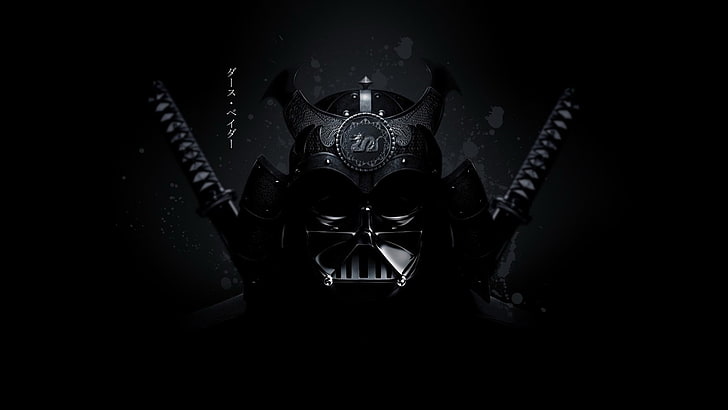 Plakat Dartha Vadera, Gwiezdne Wojny, Darth Vader, samuraj, katana, czarne tło, Tapety HD