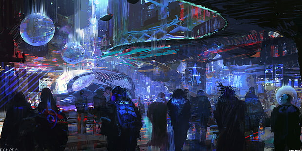 pessoas andando na rua pintando, cyber, cyberpunk, ficção científica, arte de fantasia, arte digital, HD papel de parede HD wallpaper