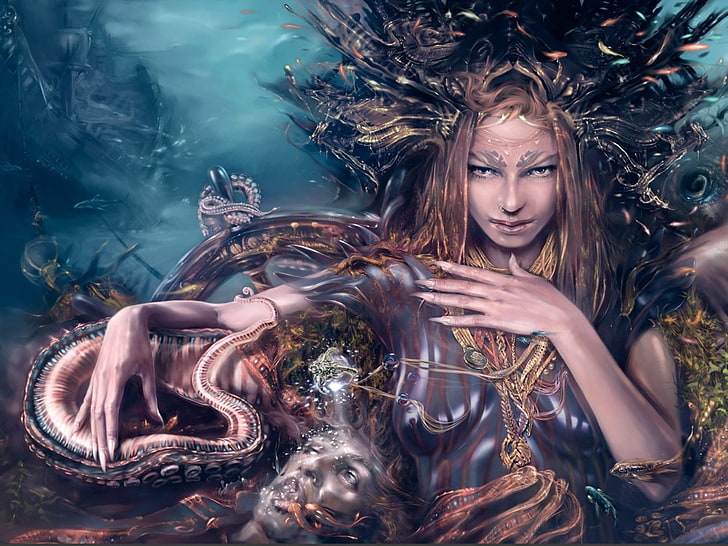 богиня женщина цифровые обои, море, фэнтези, корабль, дно, любовница, осьминог, HD обои
