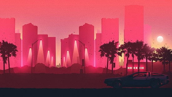 artwork, DeLorean, pink, Back to the Future, synthwave, palm trees, car, cityscape, 80sCity, DMC DeLorean, HD wallpaper HD wallpaper
