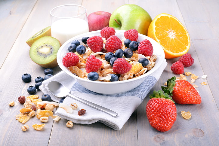 strawberries, raspberries, and kiwi fruits, berries, raspberry, Breakfast, milk, blueberries, strawberry, fruit, cereals, fresh, muesli, healthy, HD wallpaper
