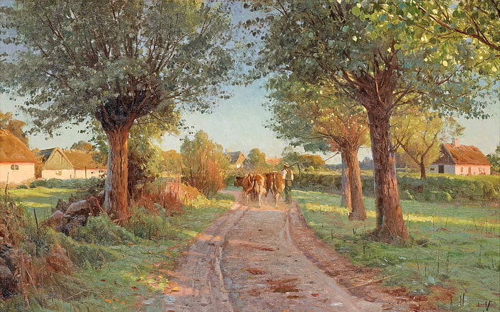 Duński malarz, Letni wieczór, 1919, Peter Merk Of Menstad, Peder Mørk Mønsted, duński malarz realista, Tapety HD