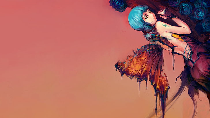 blue haired female character illustration, artwork, fantasy art, anime girls, blue hair, wings, butterfly, rose, HD wallpaper