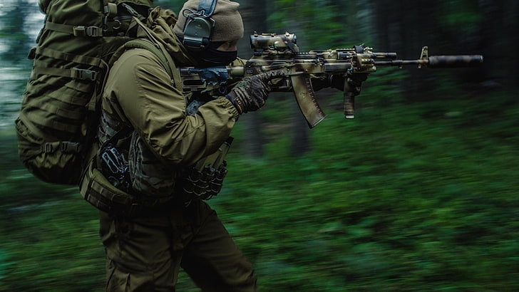 men's brown and black assault rifle, war, soldier, forest, blurred, supressor, commando, military, Russia, Russian, Spetsnaz, special forces, weapon, rifles, AK-12, HD wallpaper