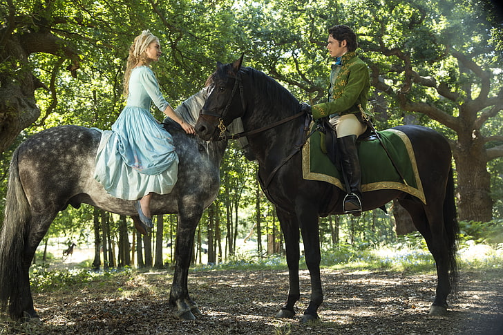 men's green dress shirt, Love, Girl, Fantasy, Nature, Beautiful, Blue, Green, Black, Grey, and, Wallpaper, Family, Blonde, Boy, Prince, Year, Walt Disney Pictures, Movie, Forest, Trees, Film, Hair, Dress, Adventure, Animals, Romance, Drama, Charming, Lovers, 2015, Clothes, Horses, Tale, Lily James, CINDERELLA, Disnay's, Richard Madden, Riders, In the Woods, HD wallpaper
