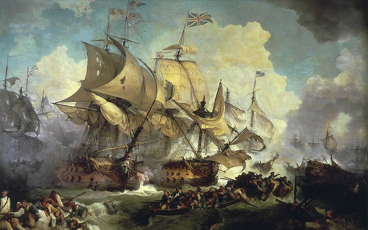 battle, boat, British Flag, Classic Art, clouds, Naval Battles, painting, ship, HD wallpaper