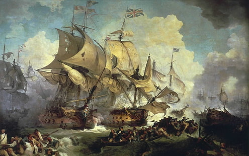 битва, лодка, британский флаг, классическое искусство, облака, морские сражения, живопись, корабль, HD обои HD wallpaper