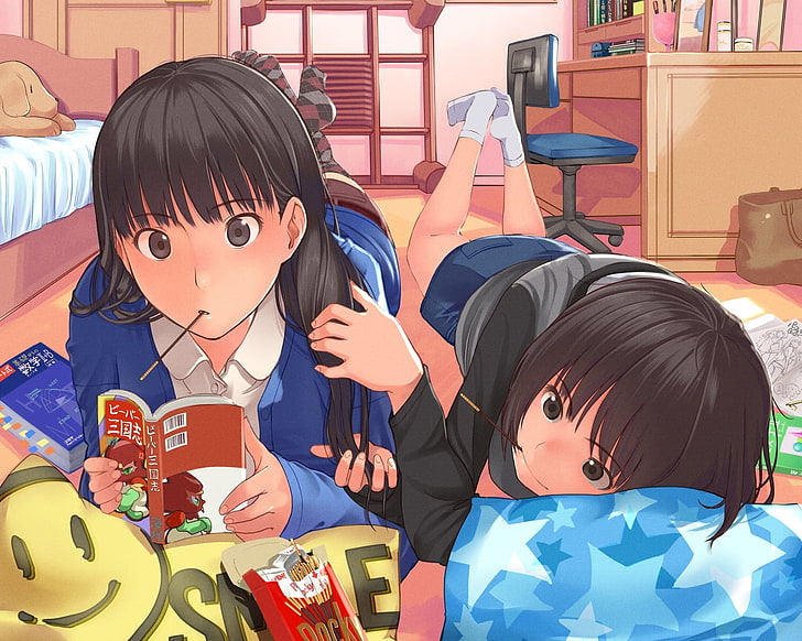 två kvinna anime tapeter, amagami, ayatsuji tsukasa, flickor, brunetter, bok, rum, läsning, HD tapet