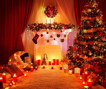 Święto, Boże Narodzenie, Świeca, Lampki choinkowe, Ozdoby świąteczne, Choinka, Kominek, Prezent, Tapety HD HD wallpaper