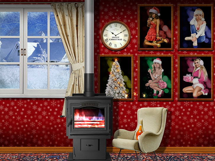 カーペット、椅子、クリスマス、時計、コニャック、カーテン、火、メガネ、額縁、松の木、部屋、雪、火花、ストーブ、壁、窓、冬、女性、 HDデスクトップの壁紙