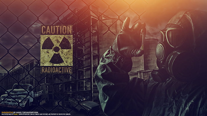 мужчина держит пулю в противогазе цифровые обои, машина, ночь, страх, одежда, забор, радиация, противогаз, опасный, радиоактивный, радиоактивность, HD обои