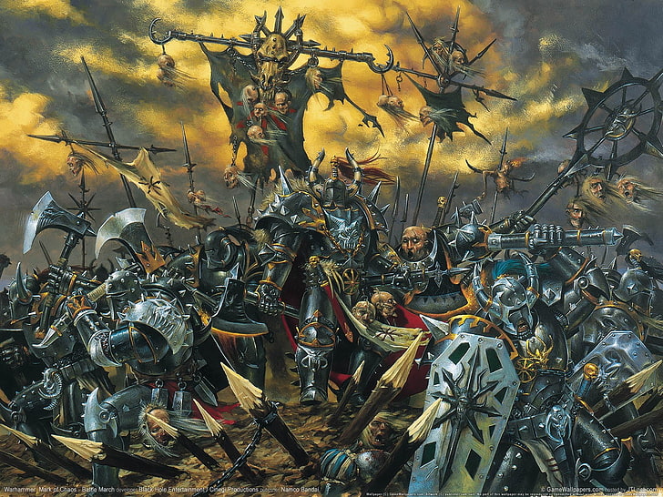 иллюстрация средневековой войны, смерть, хаос, битва, топор, боевой молот, палисад, хаосизм, знак хаоса, щиты, булава, HD обои