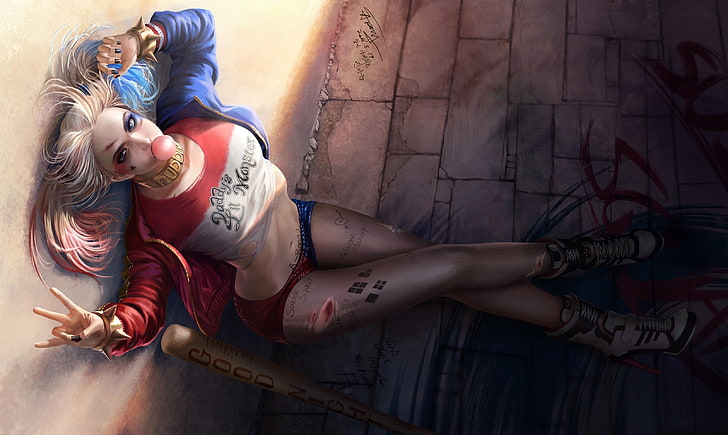 Ilustracja Harley Quinn, spojrzenie, poza, ściana, kawałek, guma, DC Comics, Harley Quinn, Legion samobójców, Tapety HD
