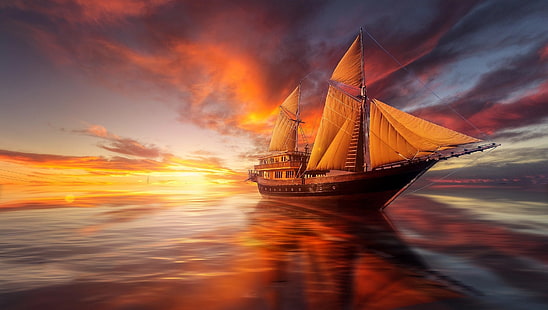 mare, tramonto, oceano, nave, barca a vela, Sfondo HD HD wallpaper