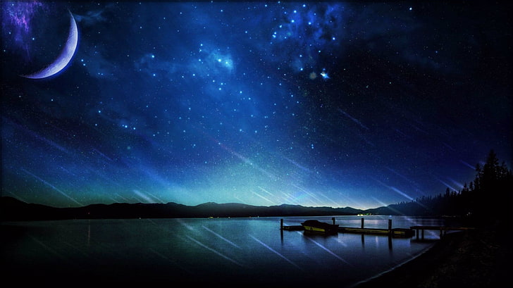 barca vicino al molo sotto la luna crescente sfondo digitale, paesaggio, cielo, Luna, Sfondo HD