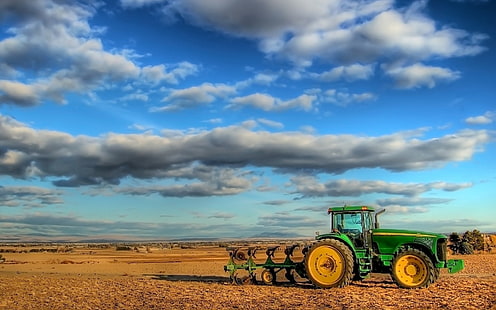 green and yellow tractor, tractor, field, plowing, clouds, agriculture, HD wallpaper HD wallpaper