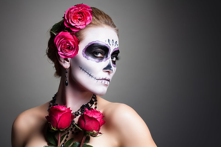 woman, pose, makeup, day of the dead, HD wallpaper
