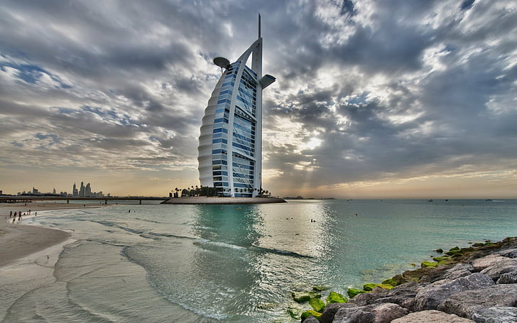 Gebäude, Burj Al Arab, Strand, Gebäude, Dubai, Fels, Meer, Vereinigte Arabische Emirate, HD-Hintergrundbild