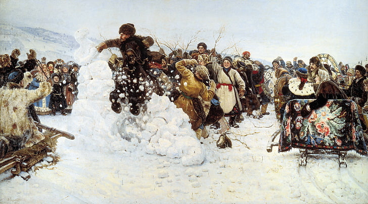 ผู้คนยืนอยู่บนภาพวาดพื้นน้ำแข็ง, งานรื่นเริง, รัสเซีย, ประเพณี, ฤดูหนาว, วอลล์เปเปอร์ HD