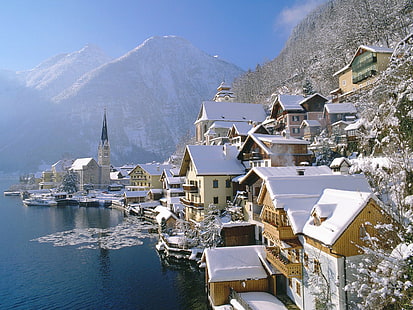 vinter, stad, Österrike, Bad Goisern, berg, HD tapet HD wallpaper