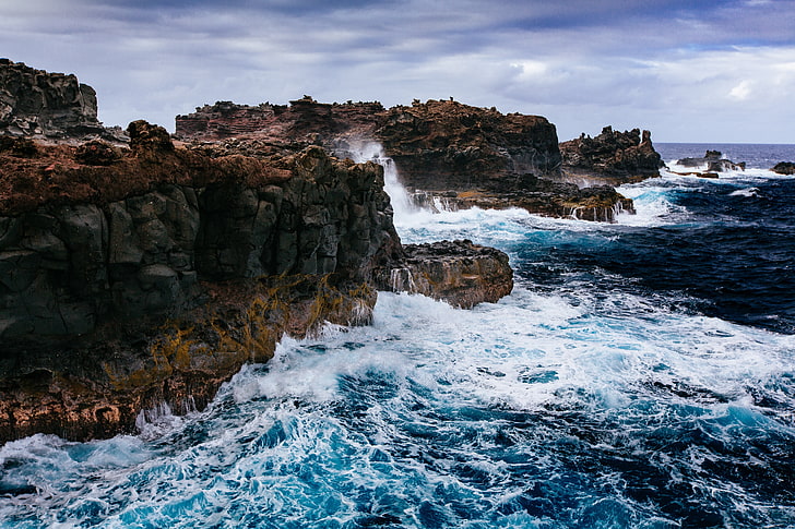 cliff, sea, waves, clouds, nature, HDR, HD wallpaper