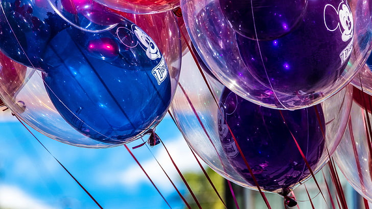 balls, tape, balloons, mood, holiday, bright, positive, purple, emblem, colorful, blue, shiny, rope, blue sky, Mickey Mouse, Disney, HD wallpaper