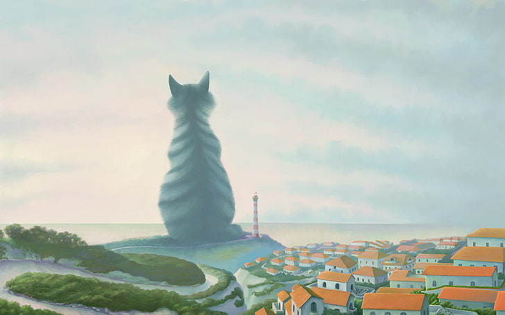 black cat statue illustration, the city, lighthouse, giant, Cat, HD wallpaper