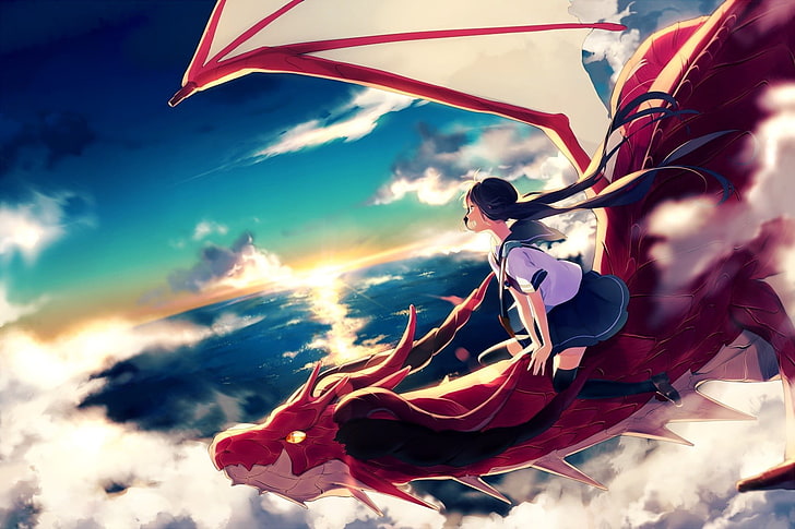 sky, clouds, anime girls, dragon, flying, school uniform, original characters, anime, HD wallpaper