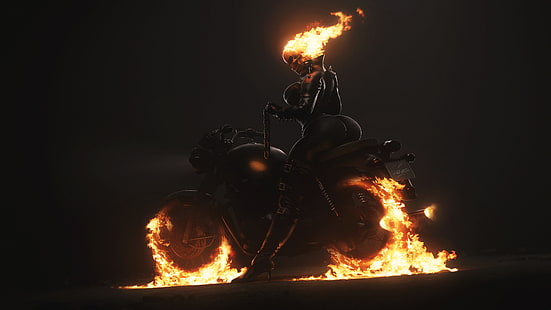 Minimalism, Skull, Fire, Chain, Motorcycle, Background, Ghost Rider, Flame, Art, Ghost, Figure, Illustration, Characters, Hell, by Dmitry Petuhov, Lamoz571, Dmitry Petuhov, วอลล์เปเปอร์ HD HD wallpaper