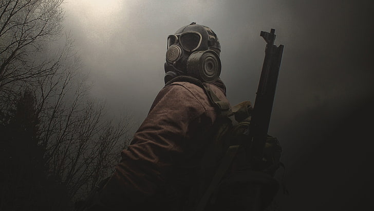 jaqueta marrom e máscara masculina, S.T.A.L.K.E.R., máscaras de gás, floresta, HD papel de parede