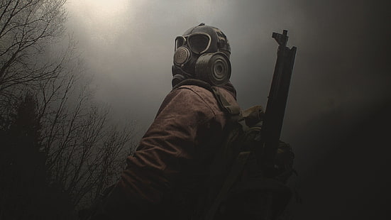 мужская коричневая куртка и маска, S.T.A.L.K.E.R., противогазы, лес, HD обои HD wallpaper