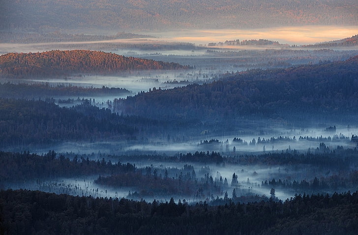 природа, пейзаж, мъгла, гора, хълмове, слънчева светлина, синьо, Германия, HD тапет