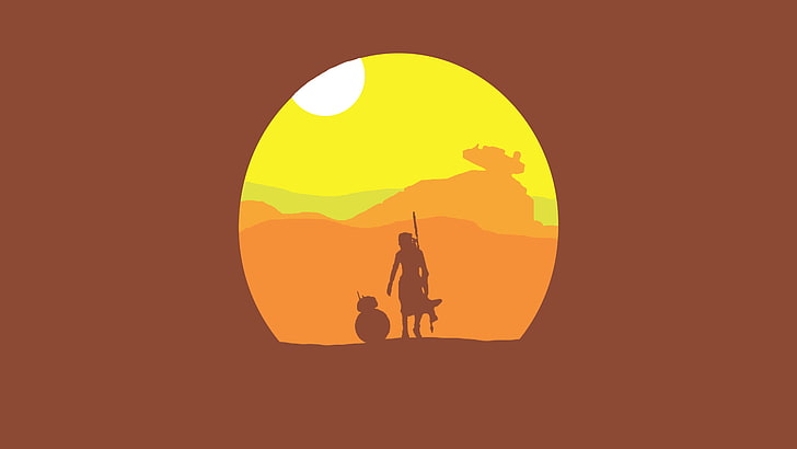 silhouette di uno sfondo uomo, Star Wars: The Force Awakens, BB-8, Rey, Jakku, Star Destroyer, deserto, tramonto, minimalismo, sfondo semplice e semplice, Sfondo HD