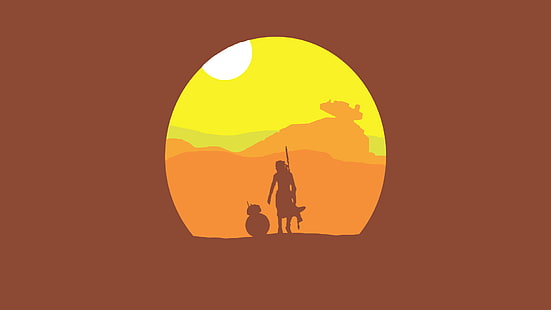 silhouette di uno sfondo uomo, Star Wars: The Force Awakens, BB-8, Rey, Jakku, Star Destroyer, deserto, tramonto, minimalismo, sfondo semplice e semplice, Sfondo HD HD wallpaper