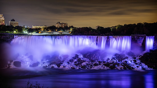 niebo, noc, światła, rzeka, dom, wodospad Niagara, Tapety HD HD wallpaper