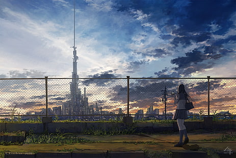 black haired female illustration, city, anime girls, sunset, skyscraper, sky, clouds, standing, school uniform, HD wallpaper HD wallpaper