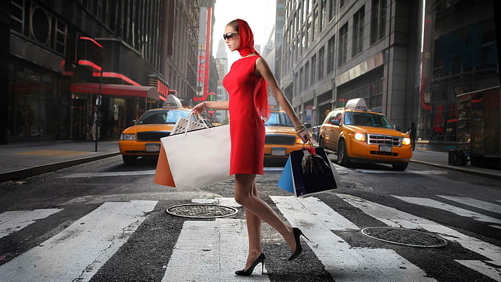 Kobieta w czerwonej sukience na zakupy w Nowym Jorku, ulica, zakupy, czerwona sukienka, kobieta, 3d i abstrakcyjne, Tapety HD