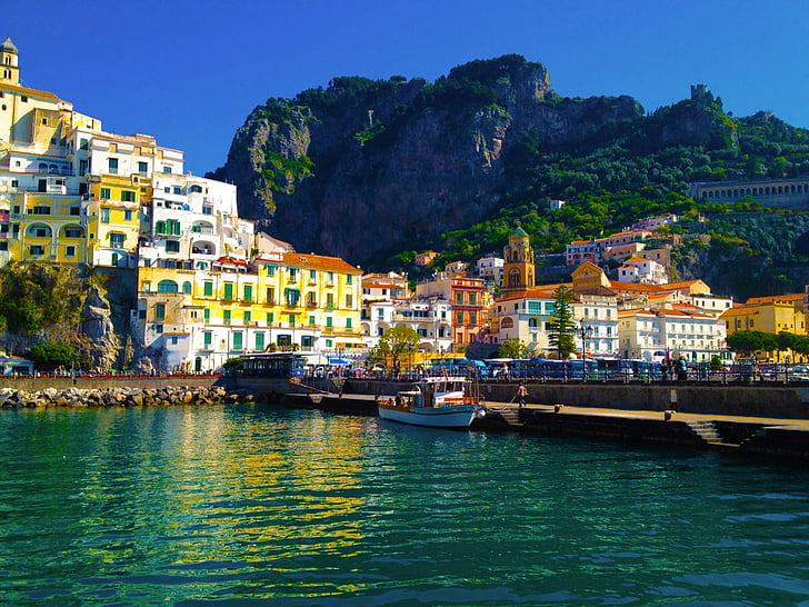 Städer, Amalfi, båt, kust, hus, konstgjorda, berg, hav, by, HD tapet