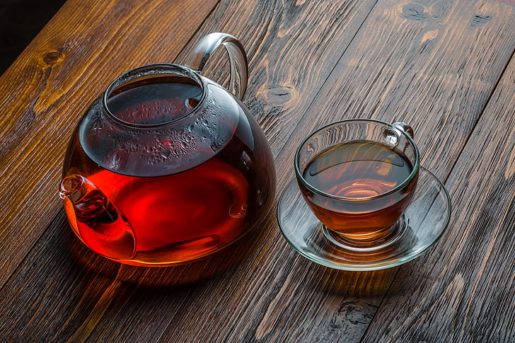 teiera in vetro trasparente, tazza, tè, tea party, Sfondo HD