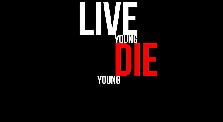 DIE YOUNG, black background with text overlay, Artistic, Typography, awesome, 2d, epic, minecraft, games, computer, photoshop, city, bebaus, HD wallpaper
