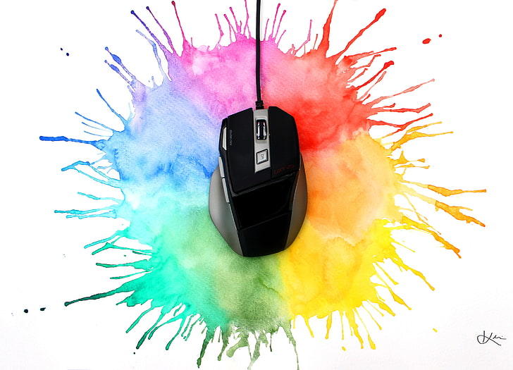 black and gray corded gaming mouse, watercolor, PC gaming, computer mice, HD wallpaper