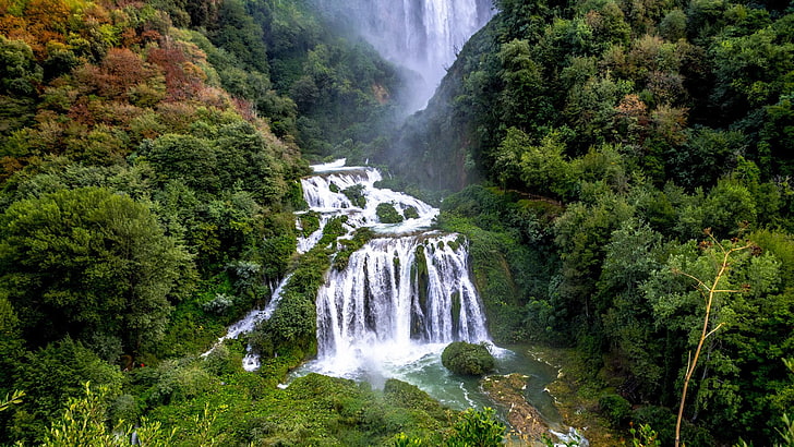 Водопади, водопад, Cascata Delle Marmore, Земя, гора, зелено, Италия, дърво, HD тапет