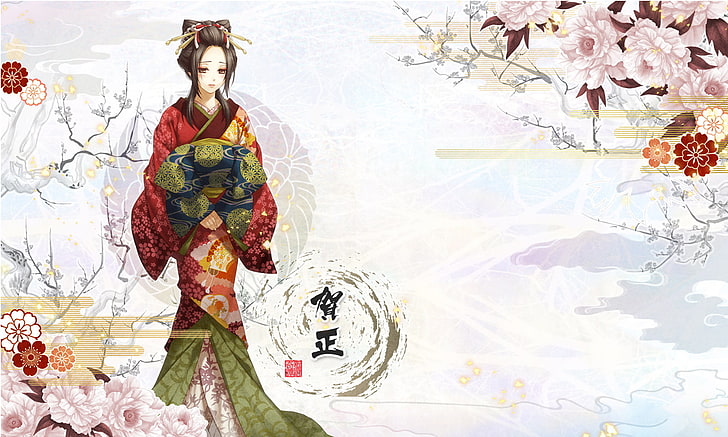 fondo de pantalla de geisha, niña, flores, personajes, kimono, Hakuouki, Yukimura Chizuru, Fondo de pantalla HD